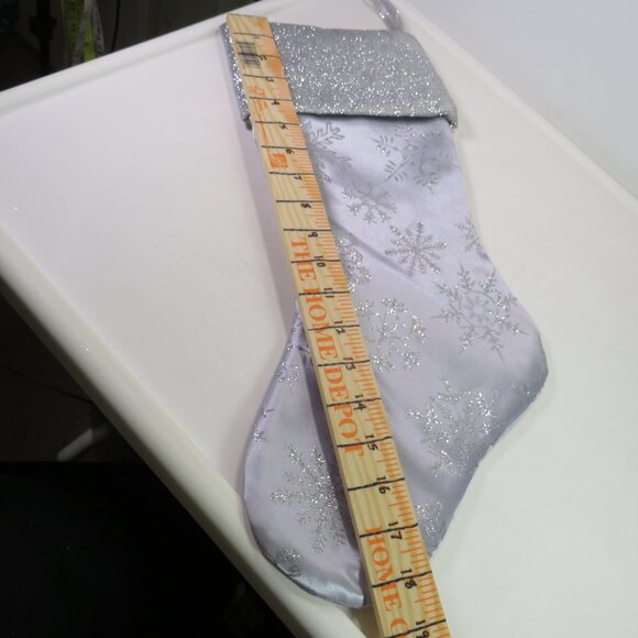 satin glittered silver stocking with glittered snowflakes & solid glitter cuff - Picture 5 of 8